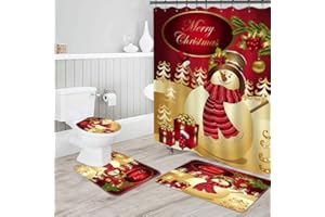Novobey 4 Pcs Merry Christmas Shower Curtain Sets with Non-Slip Bathroom Rugs, Lid Toilet Cover, Bath Mat, Shower Curtain Christmas Bathroom Decor