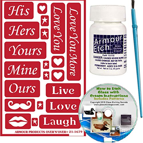 His and Hers DIY Glass Etch Kit 2.8 oz Etching Cream, Stencils, Brush
