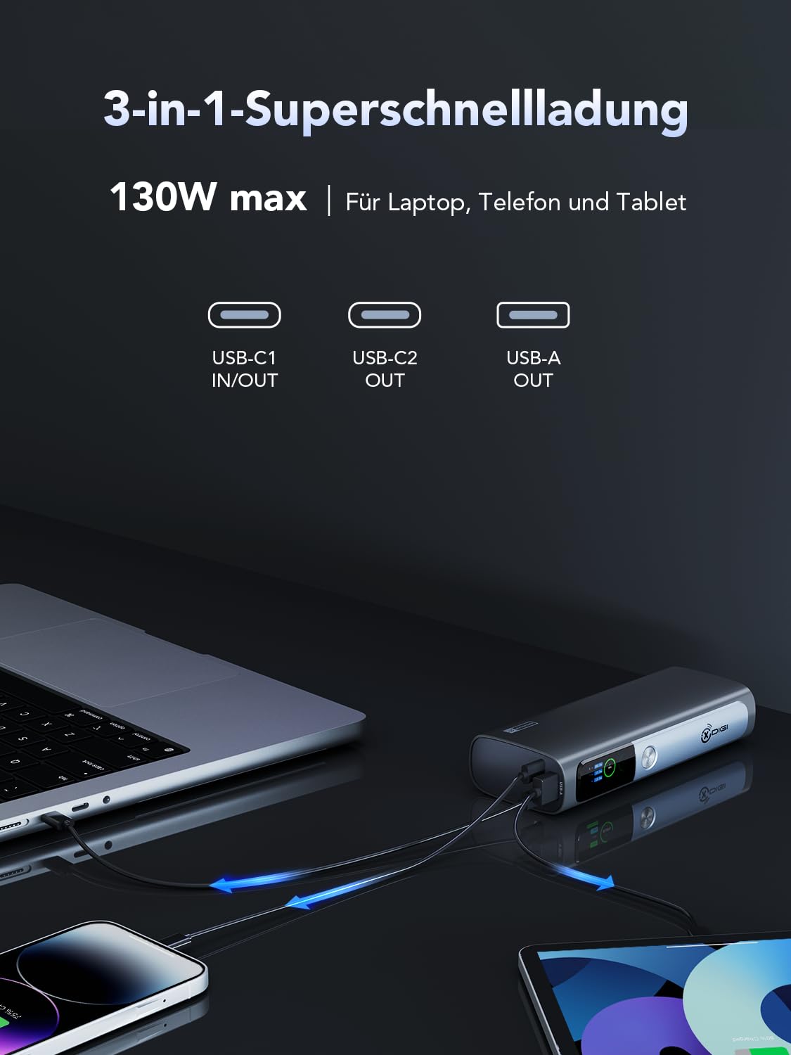 XDIGI 20000mAh Powerbank 130W Max Schnellladung, USB-C PD 3.1 Externer Handyakkus, Digitaldisplay, Kompatibel mit iPhone 16/15/14/13, Samsung Galaxy, MacBook Pro, Dell und mehr 5