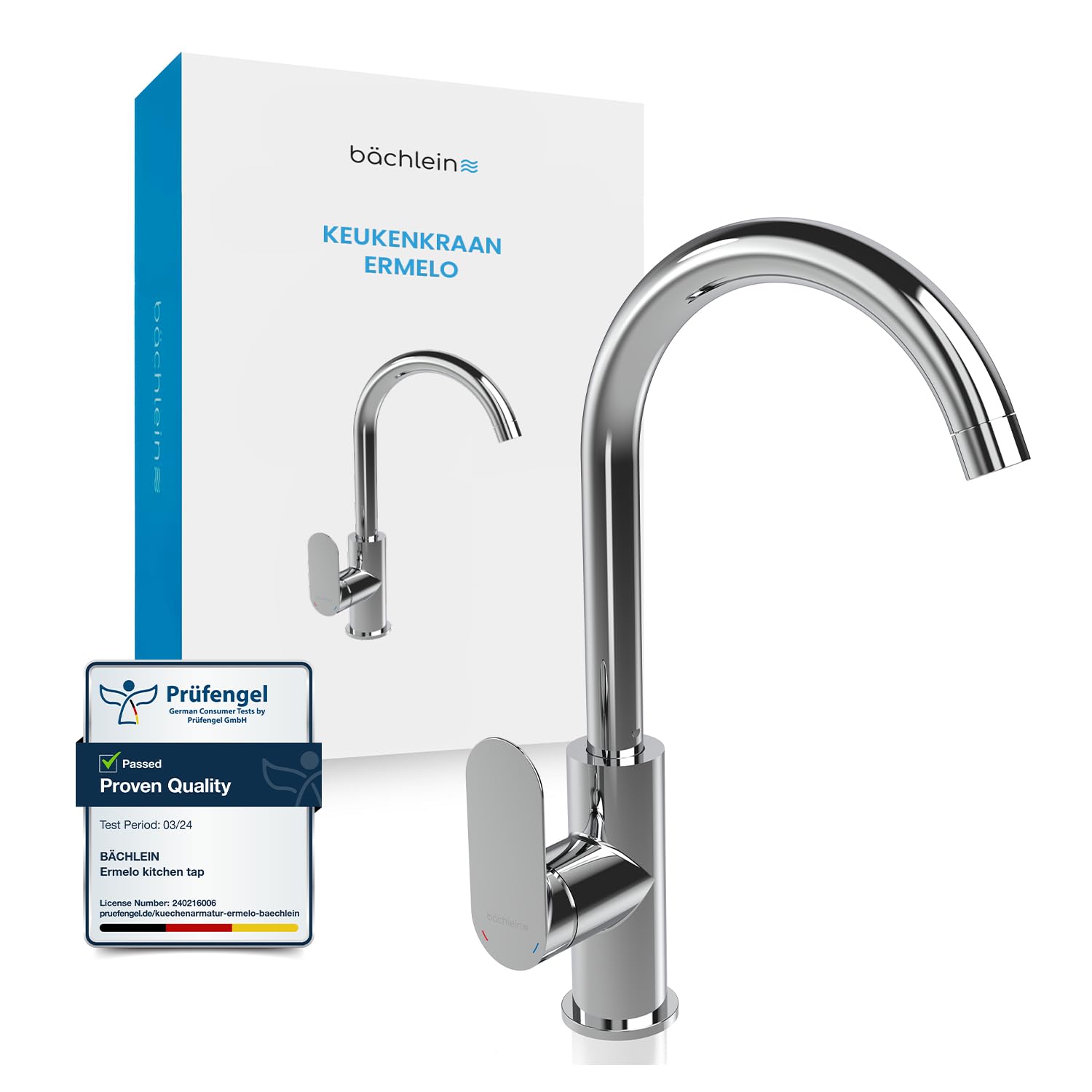 Bächlein Kitchen Faucet Chrome - Sink Tap with 360° Swivel Spout, Modern Water Tap