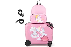 KOTEK Kids Ride on Suitcase, 18” Hardshell Carry-on Luggage with Wheels & Footrest, 12” Backpack with Anti-Lost Rope & Carry 
