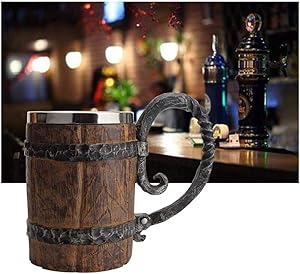 Wood Imitation Barrel Stainless Steel Beer Mug, Pirate Viking Cup Fantasy Medieval Tavern Wood Tankard for Bar Restaurant Home Decor, 22 ounces