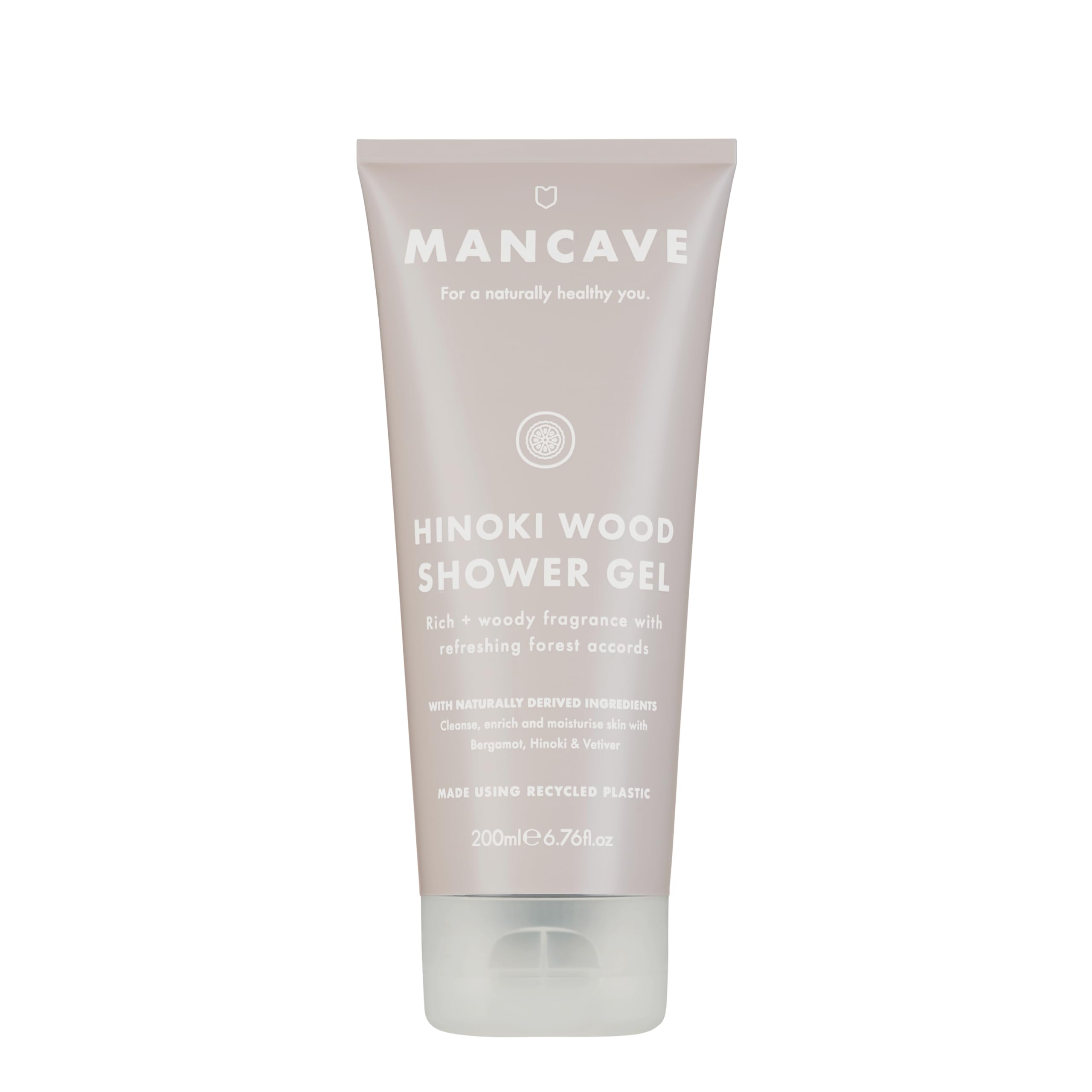 ManCave Hinoki Wood Mens Shower Gel, 200 ml, Body Wash, Natural Ingredients, Vegan and Cruelty-Free, Warm Woody Shower Gel for Men with Hinoki Cypress, Bergamot, Vetiver, Body Wash for Men
