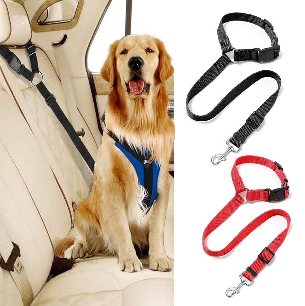 Headrest Dog Car Seat Belt 2 Pack – Adjustable Dog Seat Belts for Cars UK, Headrest Restraint Pet Safety Harness Lead for Small Dogs & Puppies, Safety Seatbelt for Car Travel (Black & Red)