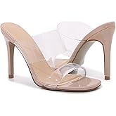 Husmeu Women's Clear Heeled Sandals Square Toe Two Strap Stiletto High Heeled Sandal Transparent Strap Backless Slip on Mules Heeled Sandals
