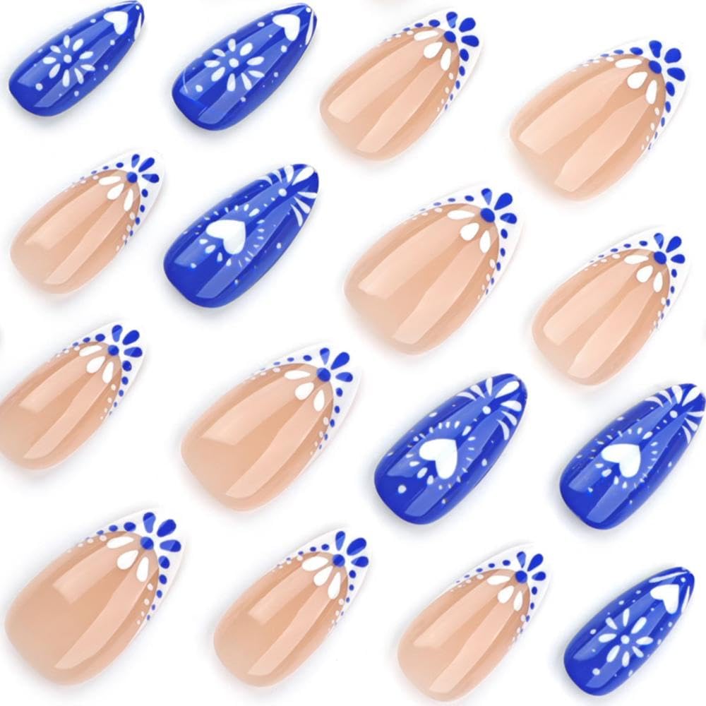 Blue White Totem Press on Nails French Tip Fake Nails Short Almond False Nails with Design Heart Glue on Nails Glossy Artificial Acrylic Full Cover Nude Stick on Nails for Women Manicure 24Pcs - Image 2