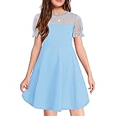 Haloumoning Girls Contrast Mesh Puff Short Sleeve Dress Kids High Waist A Line Casual Dresses with Pockets 4-14 Years