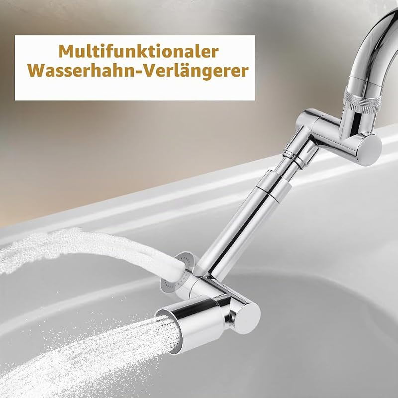 Drehbarer Wasserhahn Aufsatz, 1440 Grad Drehbarer Multifunktionaler Wasserhahn Verlängerungshahn, Wasserhahnaufsatz mit 2 Einstellbarer Adapter, Wasserhahnverlängerung für Bad und Küche — Foto 2 von 7