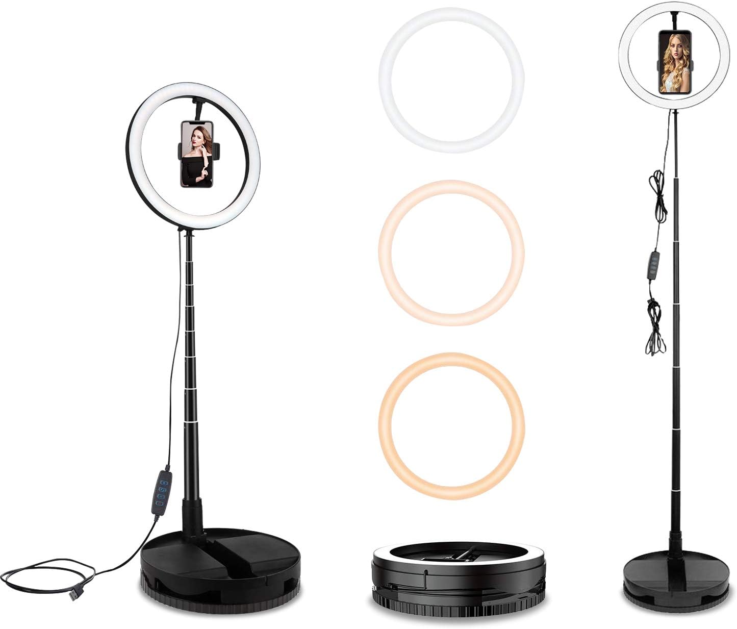 10" Selfie Ring Light with Stand and Phone Holder,Foldable Makeup Light 19.7" - 66” Stretchable Portable Selfie Desk Fill Light for Indoor Outdoor Live Stream/Makeup/YouTube Video/Photography/Vlog