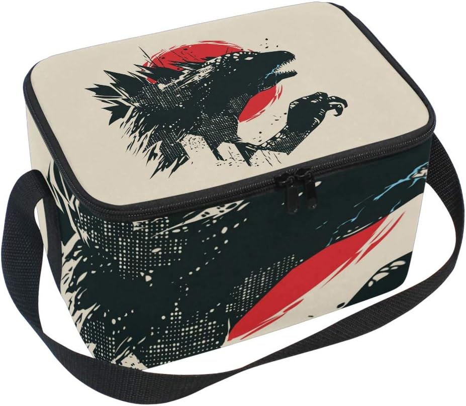 ALINLO Godzilla Dinosaur Lunch Bag, Zipper Insulated Cooler Tote Bag