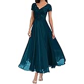 SUOLUOS Mother of The Bride Dresses Tea Length Lace Appliques Chiffon Short Sleeves V Neck Formal Wedding Gowns