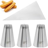 Kyuionty 3Pcs 9FT Churro Piping Tips With 10 Bags, Stainless Steel | Food-Grade Seamless Rust-Proof, Dishwasher Safe, For Churro Eclair Butter Cookie