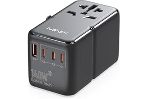 MINIX 140W Universal Travel Adapter, GaN III International Power Adapter, 3 USB-C 1 USB-A Ports, AC Outlet, Worldwide US/UK/EU/AU Travel Charger for Cameras Laptops Tablets Phones and More