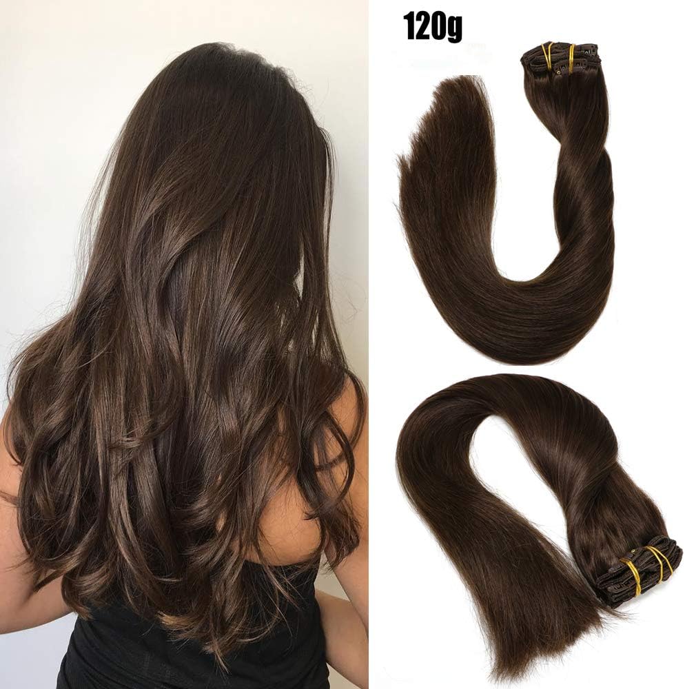 Clip in Hair Extensions 120 Grams/4.2 Ounce 100% Brazilian Remy Human Hair Extensions 9A Thickened Soft Silky Straight for Fashion Women 7pcs 17clips Full Head(16Inch Dark Brown #2)