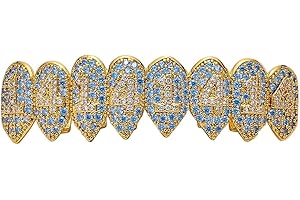 LKV Silver Gold Teeth Grillz for Men and Women, Hip Hop Iced Out Diamond Mouth Grills for Your Teeth Top & Bottom, Rapper Costume Teeth Grillz with Extra Molding Bars