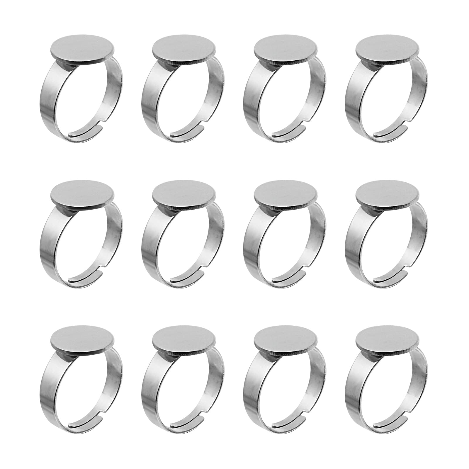 Healifty 20Pcs 12mm Ring Blank Bases Stainless Steel Plated Flat Ring Adjustable Cabochon Bezel Blanks Round Finger Trays for DIY Jewelry Making (Silver)