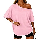 LEEDYA Off The Shoulder Tops for Women Summer Oversized Sexy Short Sleeve T Shirts Casual Loose Batwing Tunic Top