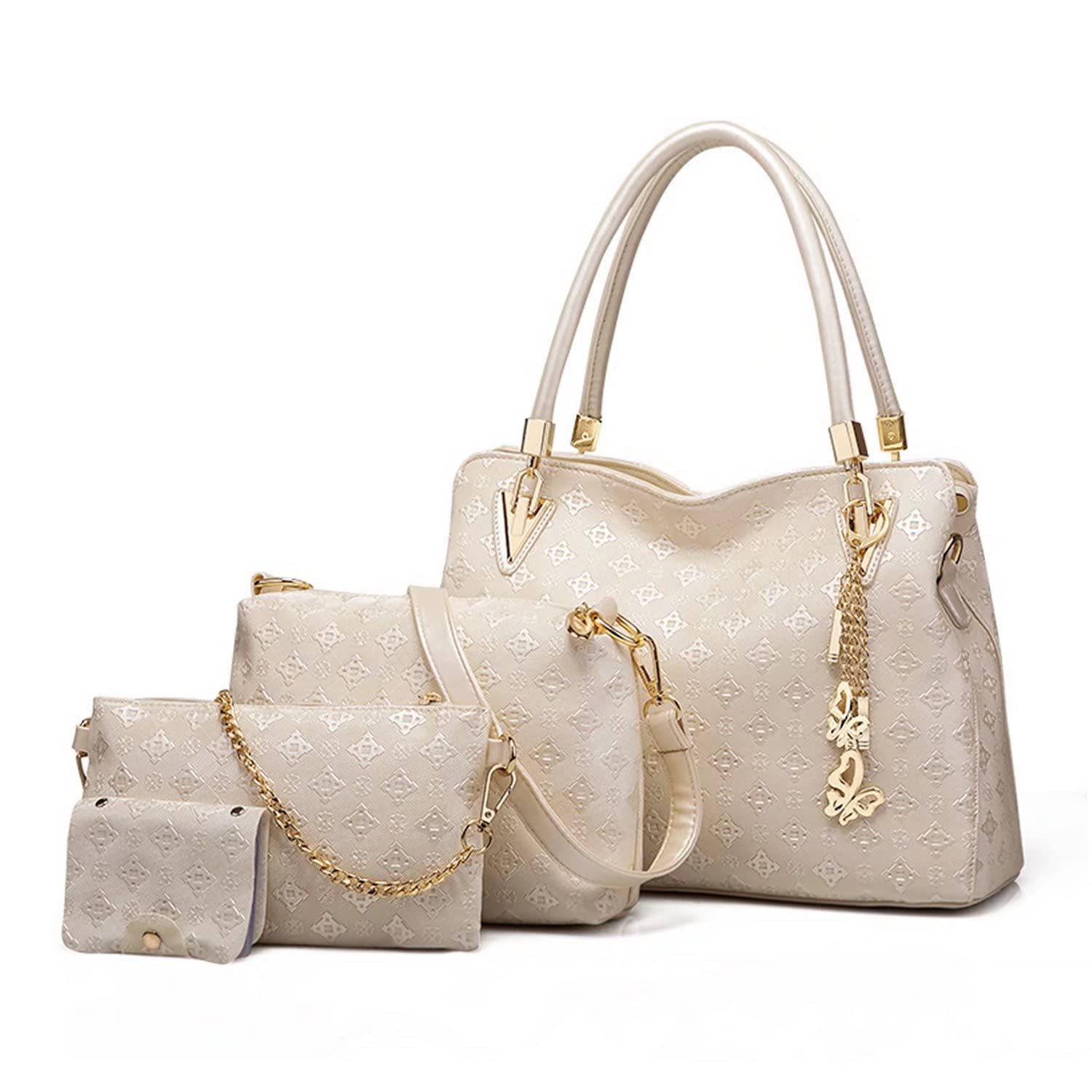 Pahajim Handbags for Women Ladies Bags Sets PU Leather Top-Handle Bag Large Shoulder Bag Crossbody Clutch Purse 4 Piece for Work Office Shopping Party（White）