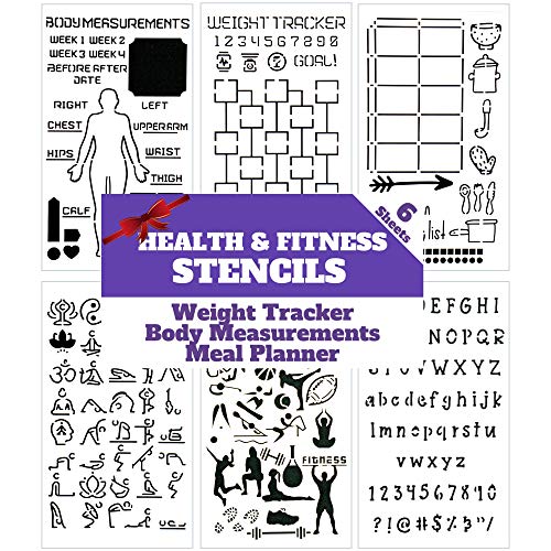 Health and Fitness Journal Stencil Set - Custom-Designed Supplies for Bullet Journal Workout Planners with DIY Templates to Track Habits, Exercise, Weight and Meal Planning by Sunny Streak