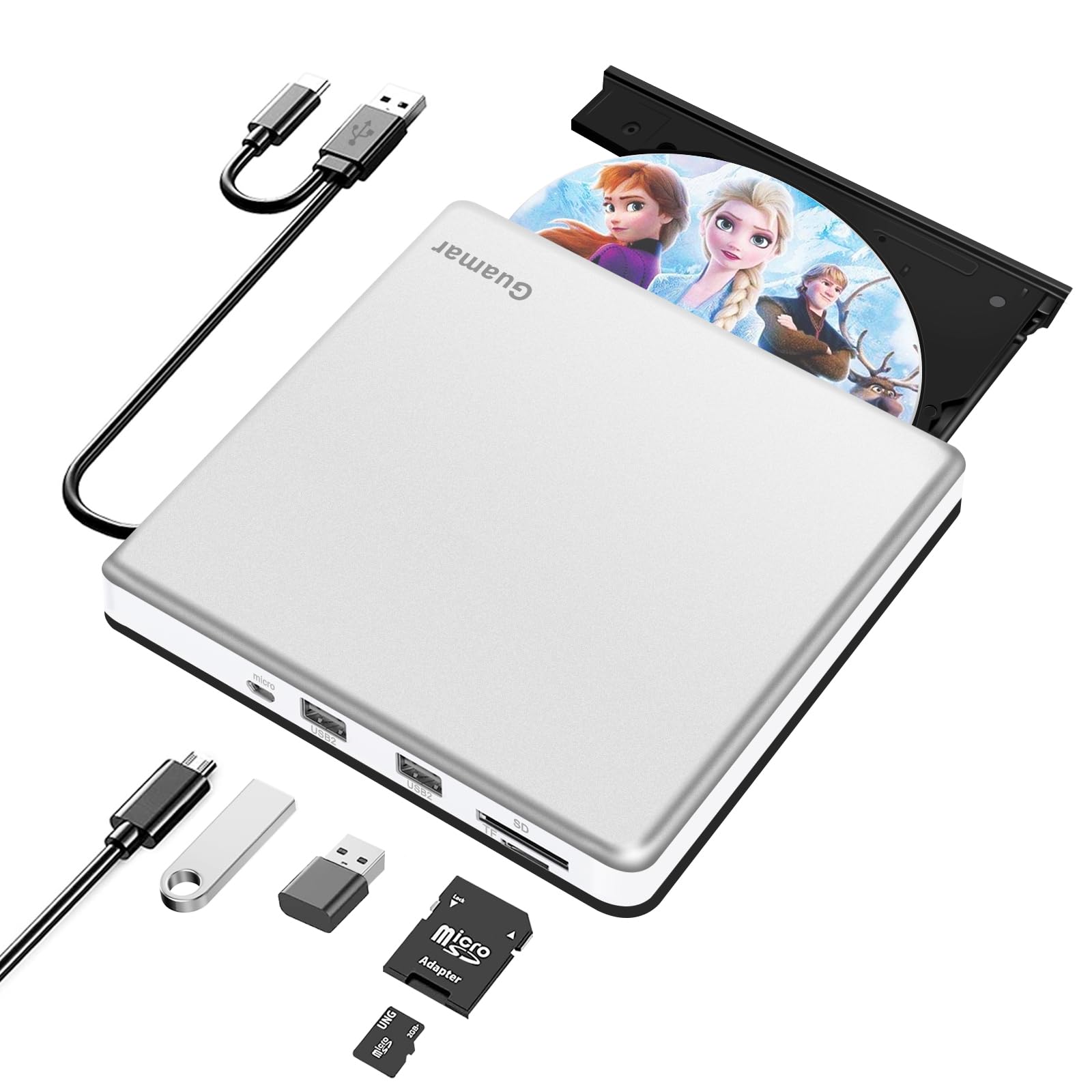 Guamar External CD Drive for Mac: Portable Slim DVD Burner for Laptop PC Windows with SD/TF Slot 2 USB Ports - Plug & Play USB-C Superdrive for MacBook High-Speed Read Write (Silver)