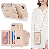 Lipvina for iPhone 7 Plus/8 Plus Case with Card Holder and Strap - Zipper Pocket,Crossbody Lanyard Strap,Credit Card Holder,Stand Ring,Cute Phone Wallet Case for Women(Beige,5.5 Inch)