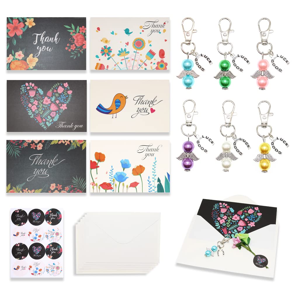 BITEYI Thank You Card Keychain set,6 Greeting Cards with Envelopes 6 Keyring 12 Sticker 12 Handmade Flowers,Gifts of Thanks for Colleagues Teachers Parents Friends (Birds and flower)