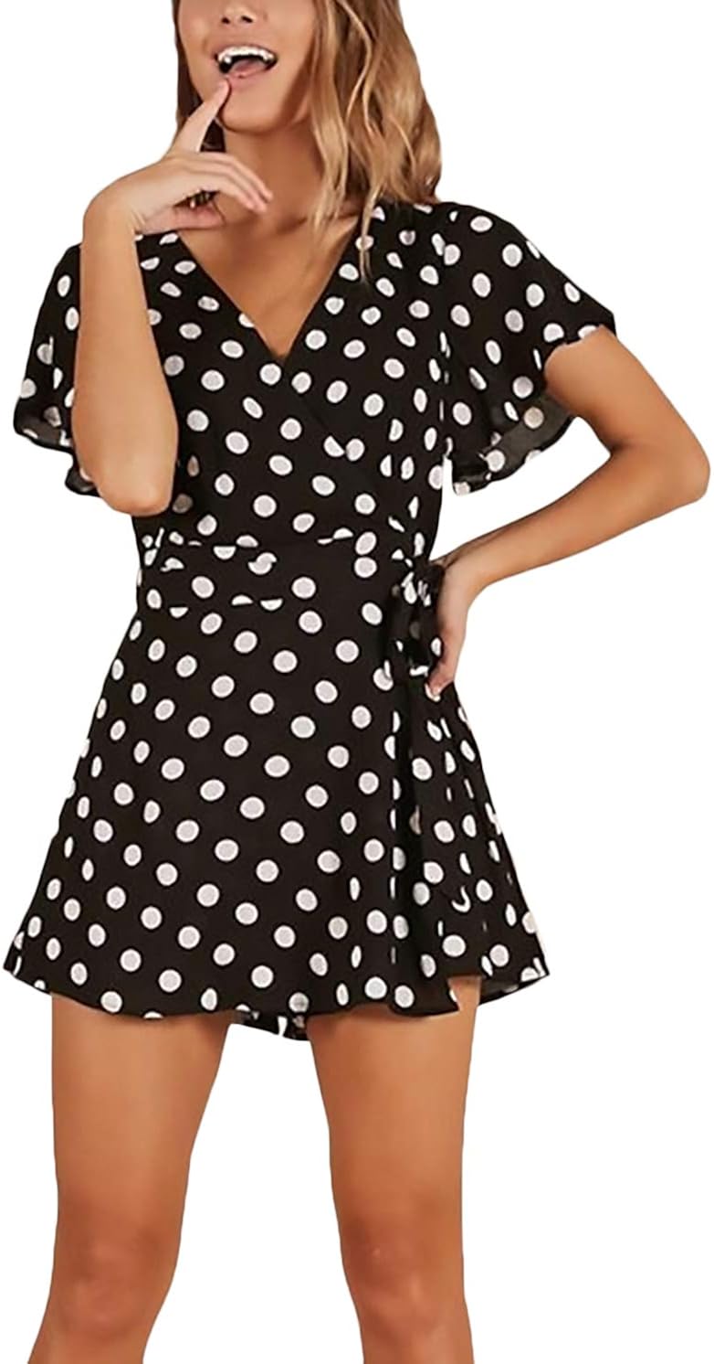 Jumpsuit Damen Elegant Sommer Kleider Onesie Kurzarm Gepunktet V