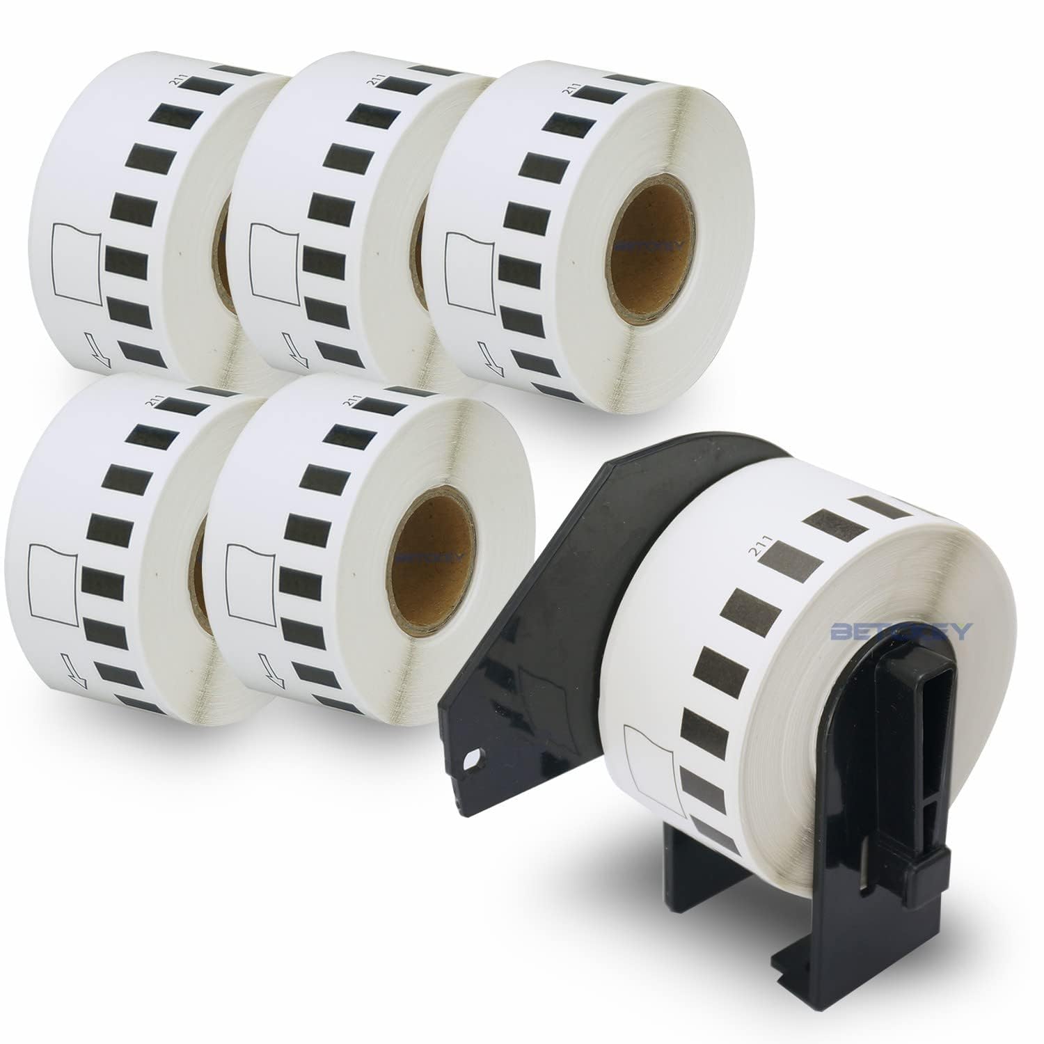BETCKEY - 6 Rolls DK-22211 Labels with ONLY 1 Reusable Label Holders, 29mm x 15.24m, 6 Continuous Length Film Labels Using for Ql Label Printers