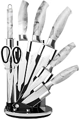 nuovva 8pc Kitchen Knife Set with Block White Marble Spinning Block