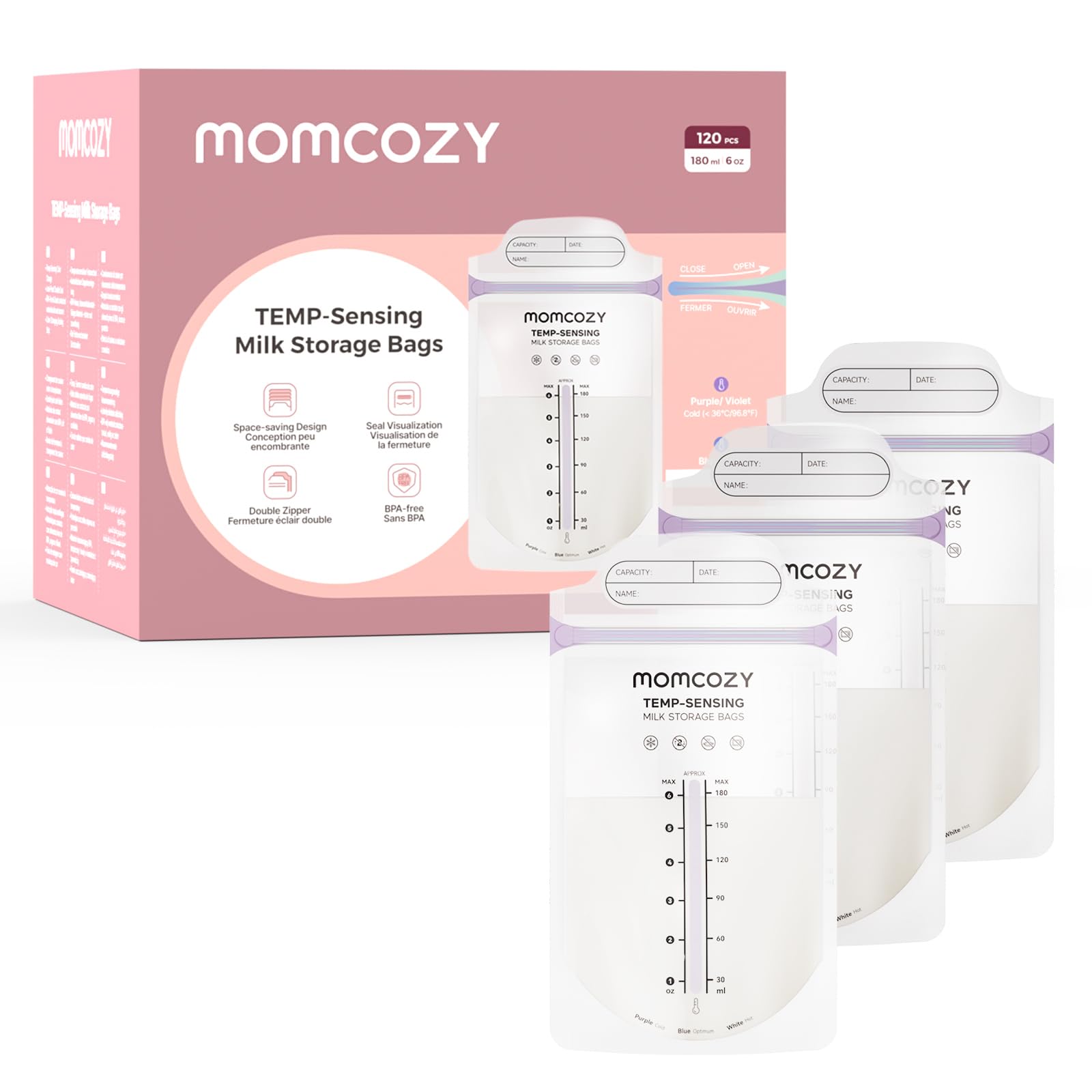 Momcozy Breastmilk Storage Bags, Larger Temp-Sense Area&Double Zip, 120ct | Visual Temp-Sensing | Double Zip Leak-Proof | Sta