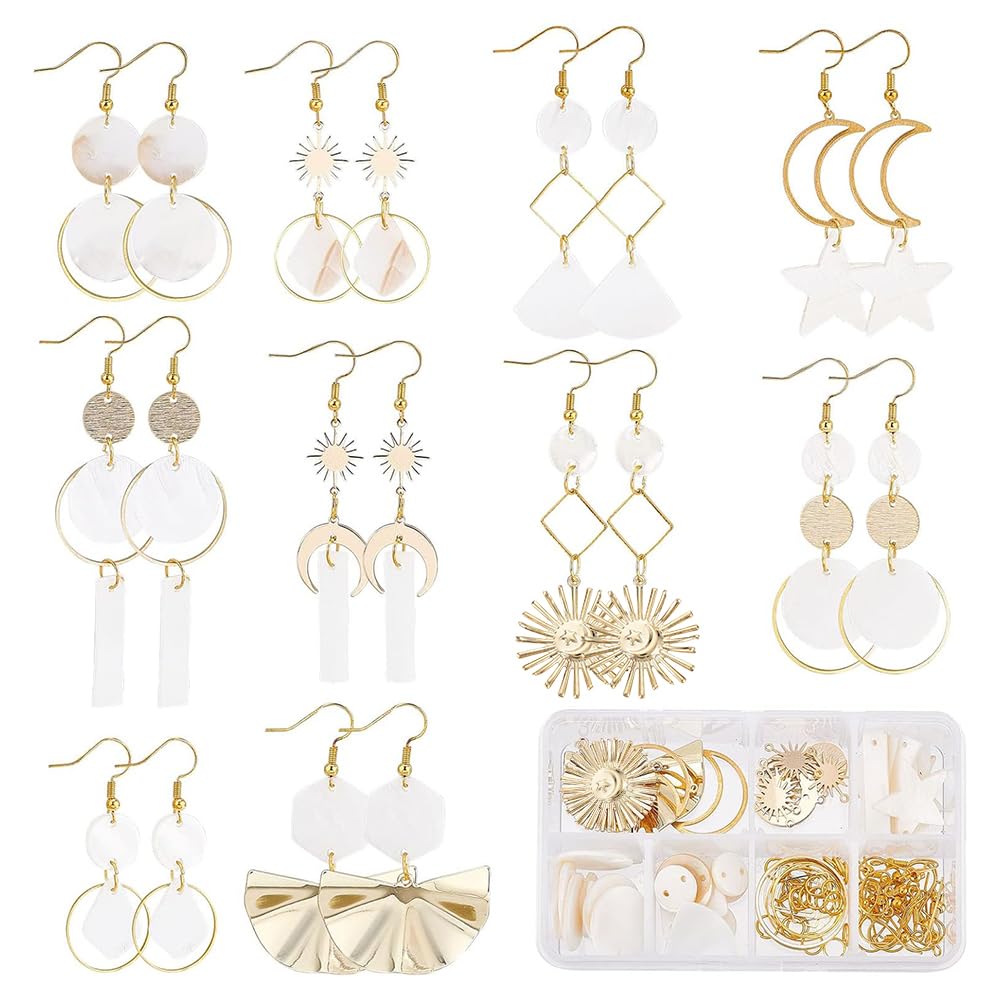 SUNNYCLUE 1 Box 10 Pairs DIY Shell Earrings Dangle Making Starter Kit Seashell Charms Sun Moon Star Charms Geometric Teardrop Beads for Jewelry Making Kits Beginner Women DIY Craft Supplies, Gold