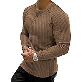 Muscle Cmdr Men's Ribbed Henley Shirt Short Sleeve Slim Fit Muscle Shirt Fitted Cotton Casual Long Sleeve