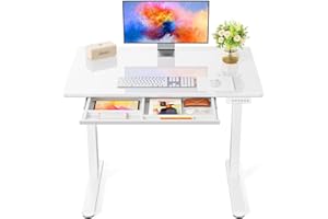 Marsail Glass Electric Standing Desk with Drawer, 40 x 24 Inches Height-Adjustable Desk, One-Piece Tempered Glass Top, Ergonomic Home Office Sit Stand Desk with 4 Preset Heights, White