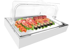 DINGIXOC Ice Food Serving Display Tray with Clear Roll Top Cover– Stainless Steel Cold Food Display Platter with 3 Reusable Ice Packs for Seafood, Buffet, Restaurant & Hotel