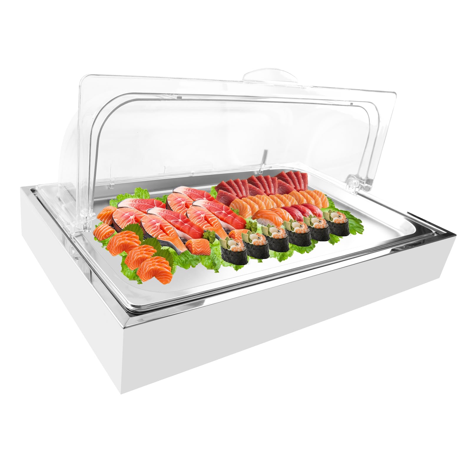 Photo 1 of Ice Food Serving Display Tray with Clear Roll Top Cover– Stainless Steel Cold Food Display Platter with 3 Reusable Ice Packs for Seafood, Buffet, Restaurant & Hotel