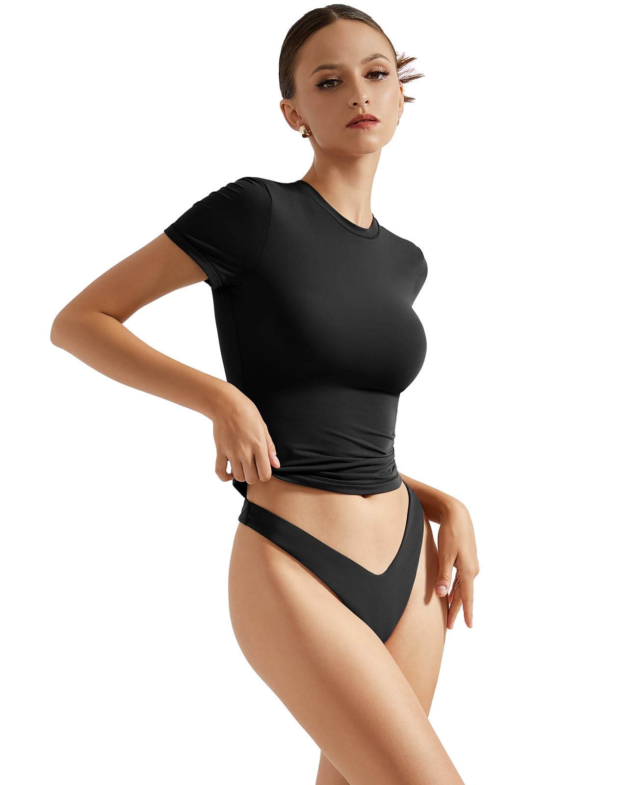 SUUKSESS Women Double Lined Fitted Basic Tee Crew Neck Short Sleeve Y2K Crop Top