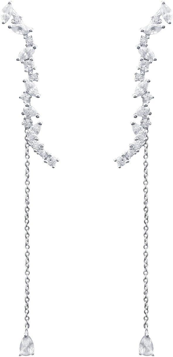 QUKE 925 Sterling Silver Cubic Zirconia Crystal Dangle Ear Cuff Climber Bridal Earring For Woman