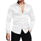 URRU Men's Luxury Shiny Silk Like Satin Dress Shirt Long Sleeve Casual Slim Fit Muscle Button Up Shirts