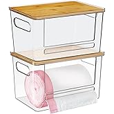 Trash Bag Dispenser 2 Pack, Acrylic Garbage Bags Dispenser with Bamboo Top, Extra Large Trash Bag Holder Dispensers Under Sink for Kitchen, Cabinet, Laundry Room, Pantry Organizer and Storage