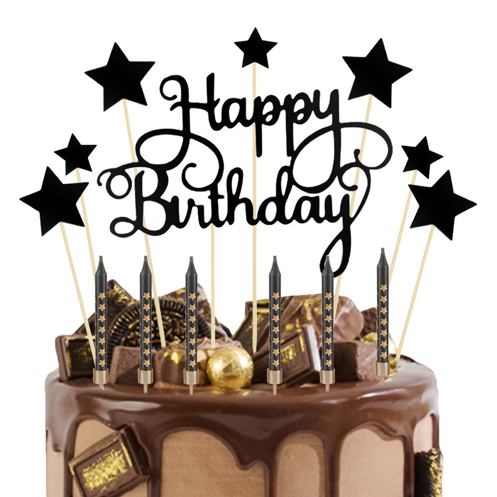 Black Birthday Cake Toppers, Happy Birthday Cake Topper Stars Cupcake Topper Matte Glitter Cake Decoration with 6pcs Black Stars Cake Candle for Party Anniversary Wedding