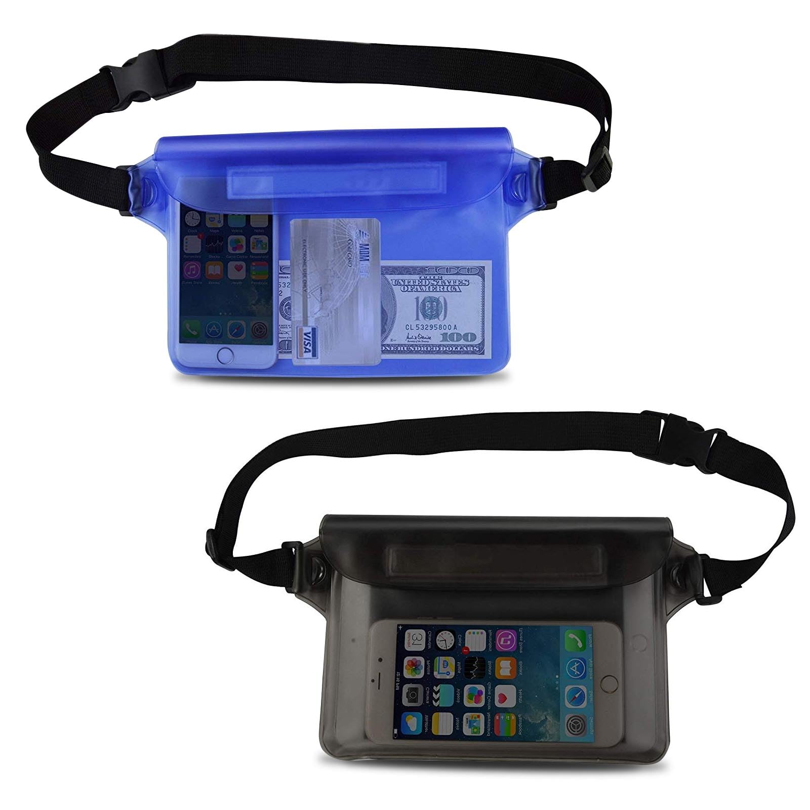 AWAVM 2 Packs Waterproof Pouch Bag with Adjustable Waist Strap, Waterproof Waist Bag Screen Touchable Dry Bag with Adjustable Belt for Beach, Swimming, Boating, Fishing, Hiking(Blue,Black)