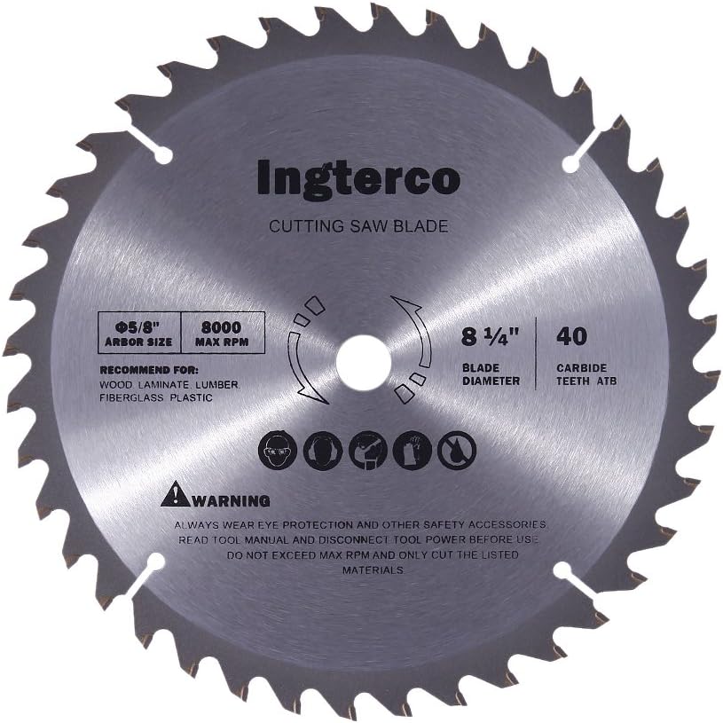 INGTERCO 8-1/4-Inch 40-Tooth ATB Thin Kerf General Purpose Woodworing Saw Blade with 5/8-Inch Arbor