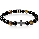 YOTHIWAD Initials Bracelets for Men Letters Bracelet Natural Tiger Eye Black Onyx Beaded Stretch Bracelet Handmade Jewelry Gift for Men
