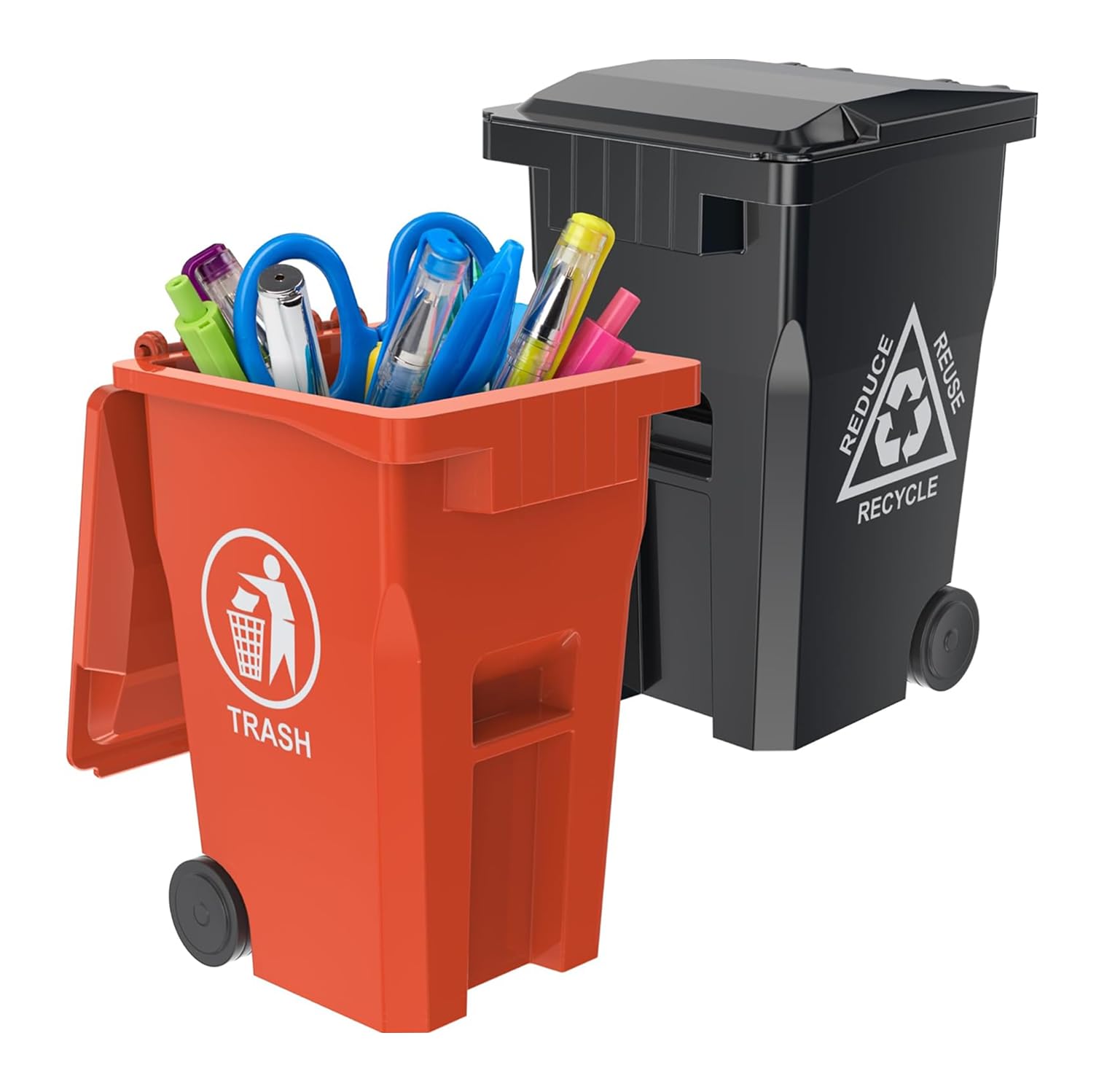 Wiosi Mini Garbage Trash Pen Holder for Desk and Tiny Recycle Bin Pencil Holder Black & Orange, Pack of 2 - Storage for Pencil & Pen | Office Stationery to Organize The Desk | Ideal for Student Work