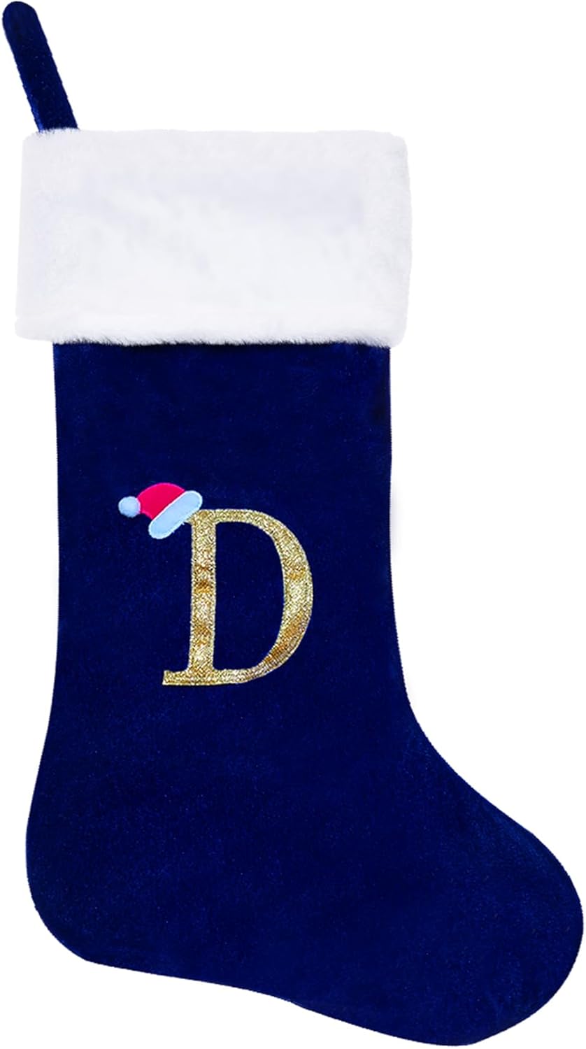 Stockings & Holders - CRSTAFU Christmas Stockings Personalized Monogram, 20 Inches Family Initial Xmas Stockings, Super Soft White Plush Cuff with Deluxe Blue Velvet Body and Gold Letter(D)