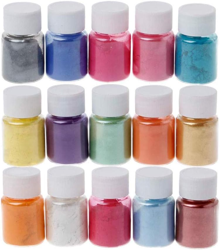 Mica Powder Pearl Pigment, Non-Toxic Safe Cosmetic Grade Metallic Mica Flour for Soap Making Bath Bomb Slime Making, Pearl Color Dyes for Make up and Nail Art, Pack of 15 Colors