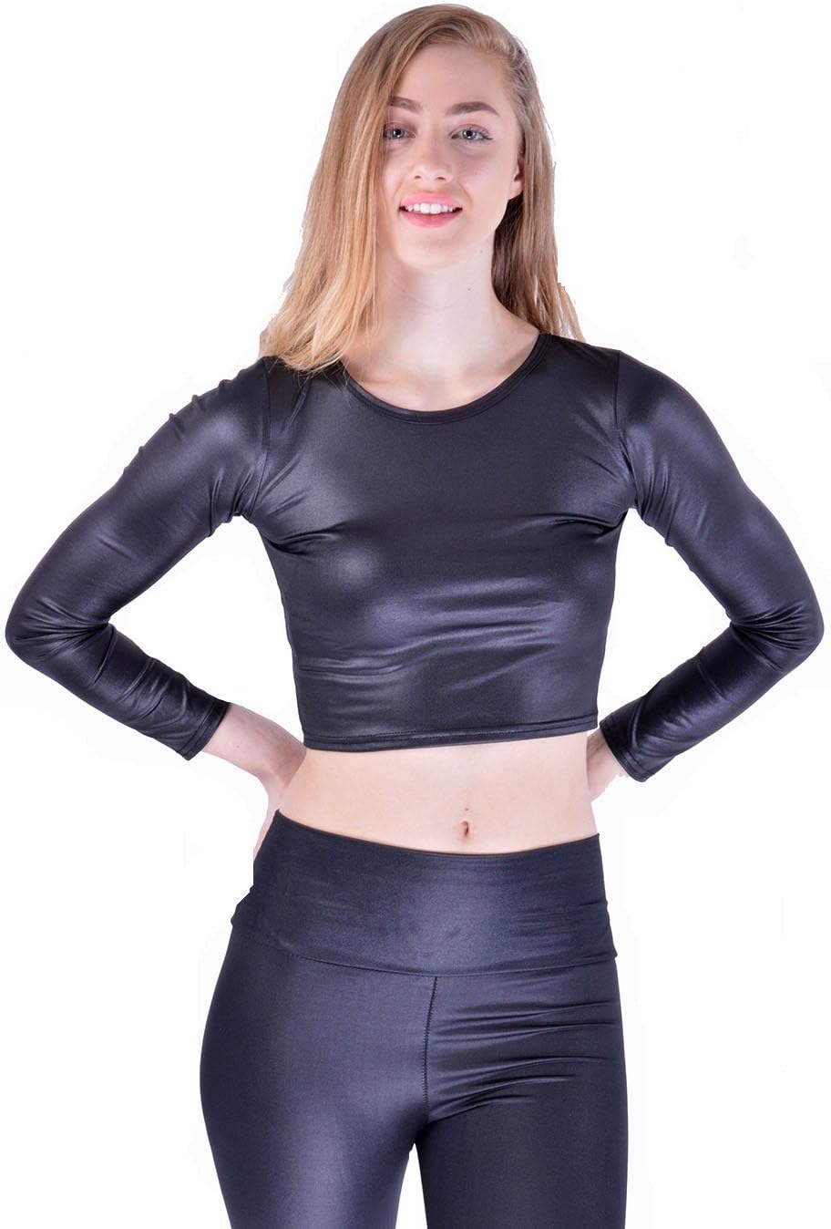 Womens Long Sleeve Wet Look PVC Party Crop Top T Shirt