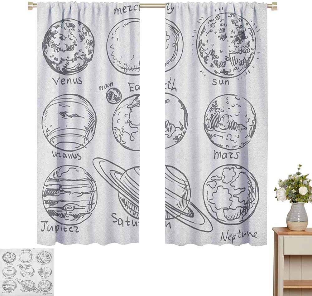Doodle Kitchen Curtain Planets of Solar System Sun Mercury Earth Moon Mars Neptune Saturn Jupiter Science Living, Dining Room, Bedroom Curtains W63 x L63 Black White