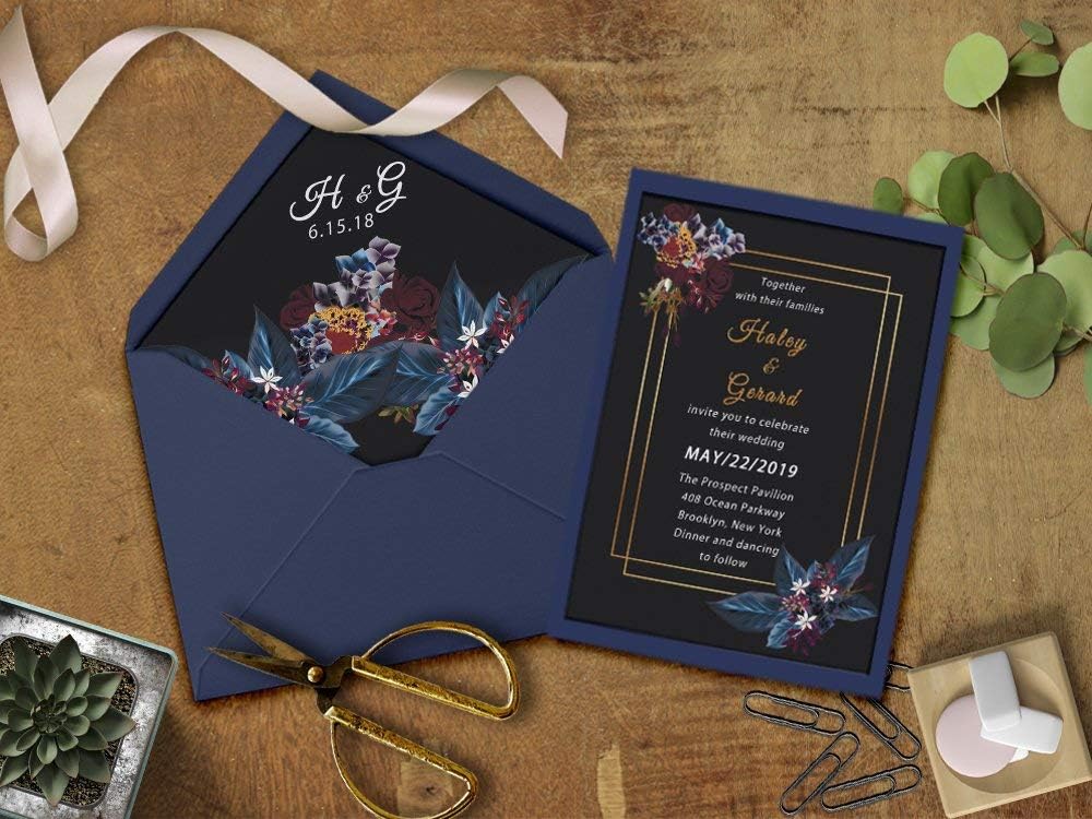Navy Floral Bloom Wedding Invitation with matching RSVP