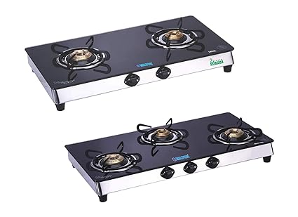Milton Sapphire 2 Burner & 3 Burner Black Glass Top Stainless Steel Frame Gas Stove (Pack of 2)